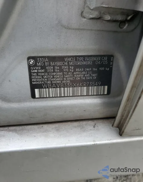 2006 BMW 330 I z USA, uszkodzony, nr VIN WBAVB335X6KR73549